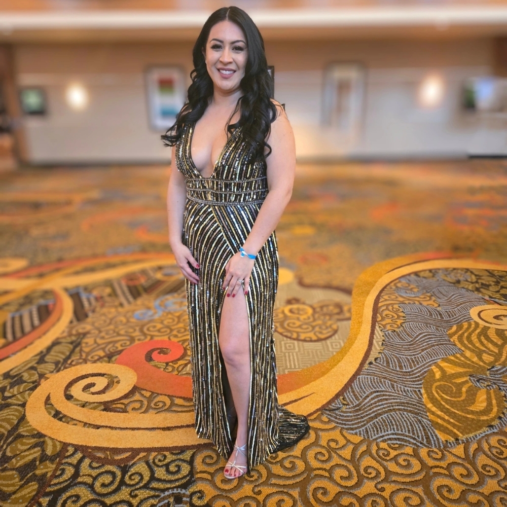 MacDuggal Metallic Embellished Plunge Neck Gown - beaded & sequins